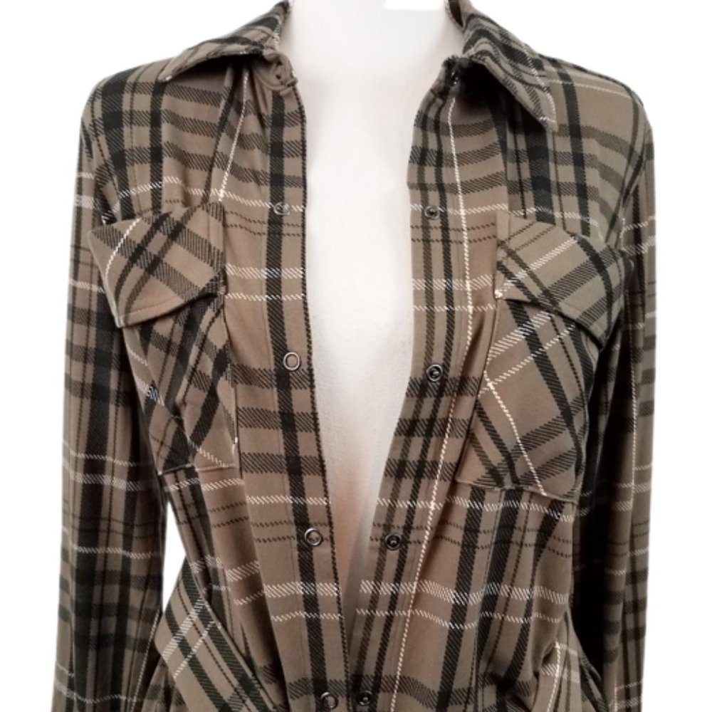 G.I.L.I. GOT IT LOVE IT Tan & Black Plaid Snap-Front Maxi Dress - Women's SP - Picture 5 of 6